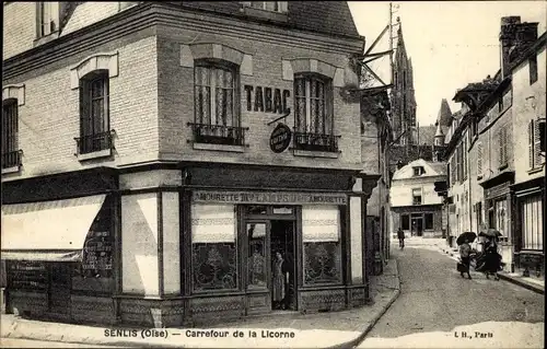Ak Senlis Oise, Carrefour de la Licorne, Tabac Geschäft