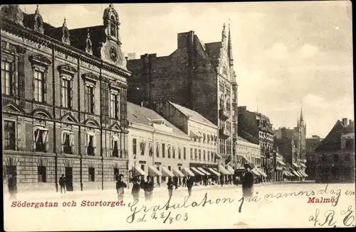 Ak Malmö Schweden, Södergatan och Stortorget