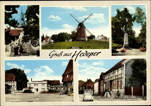 Ak Hedeper in Niedersachsen, Windmühle, Kirche, Ehrenmal, Ortspartie, Kaufhaus Gebensleben