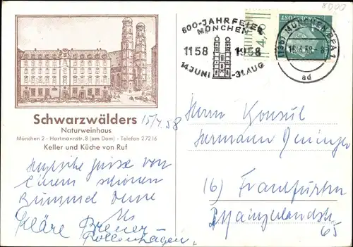 Ak München Bayern, Schwarzwälders Naturweinhaus, Hartmannstraße 8