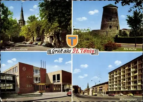 Ak Sankt Tönis Tönisvorst am Niederrhein, Zentrum mit Kirche, Alte Mühle, Rathaus, Wilhelmsplatz