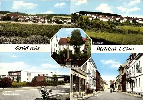 Ak Mudau im Odenwald Baden, Siedlung, Odenwaldhalle, Straßenpartie, Mariensäule