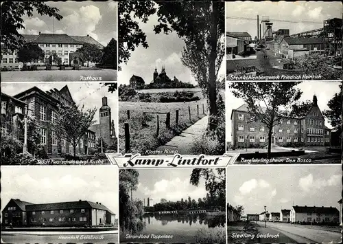 Ak Kamp Lintfort am Niederrhein, Steinkohlebergwerk, Rathaus, Strandbad Poppelsee, Siedlung