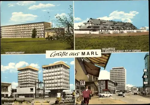 Ak Marl im Ruhrgebiet, Marienhospital, Rathaus, Hügelhaus, Straßenpartie