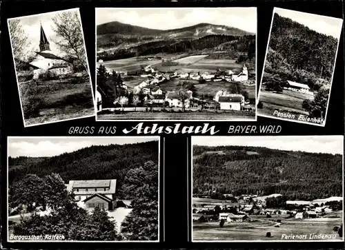 Ak Achslach in Niederbayern, Teilansicht, Kirche, Ferienort Lindenau, Gasthof, Pension Eulenhof