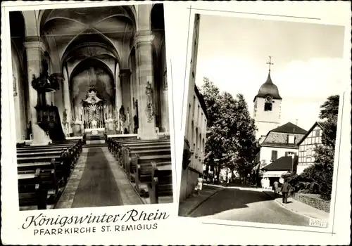 Ak Königswinter am Rhein, Pfarrkirche St. Remigius, Straßenpartie