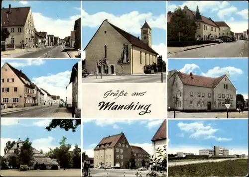 Ak Manching an der Donau Oberbayern, Straßenpartie, Kirche, Ortsansichten
