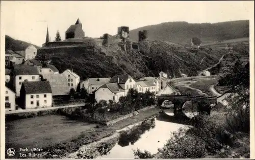 Ak Esch sur Sure Esch an der Sauer Luxemburg, les Ruines, Burgruine, Fluss, Brücke