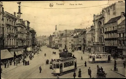 Ak Anvers Antwerpen Flandern, Place de Meir, Geschäfte, Passanten, Straßenbahn