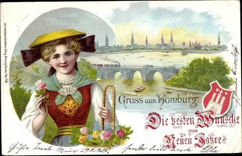 Litho Hamburg Mitte Altstadt, Brücke, Dame in Tracht, Wappen, Glückwunsch Neujahr