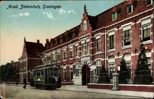 Ak Groningen Niederlande, Acad. Ziekenhuis, Außenansicht, Straßenbahn