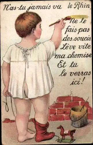 Leporello Ak Rhein, Le Rhin, Kind im Nachthemd schreibt an eine Wand