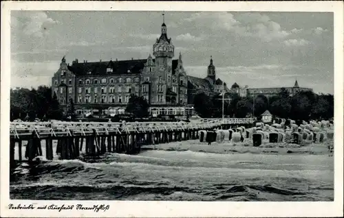 Ak Kołobrzeg Kolberg Pommern, Seebrücke mit Kurhaus Strandschloss