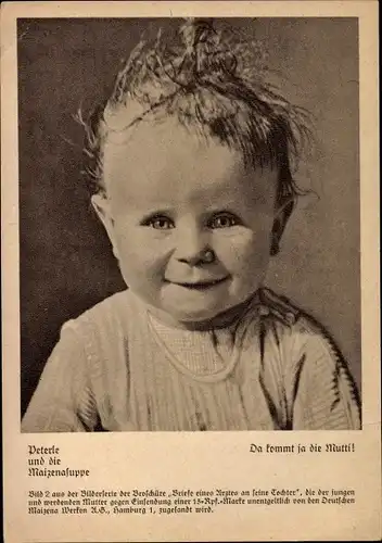 Ak Peterle und die Maizenasuppe, Da kommt ja die Mutti, Kinderportrait, Reklame