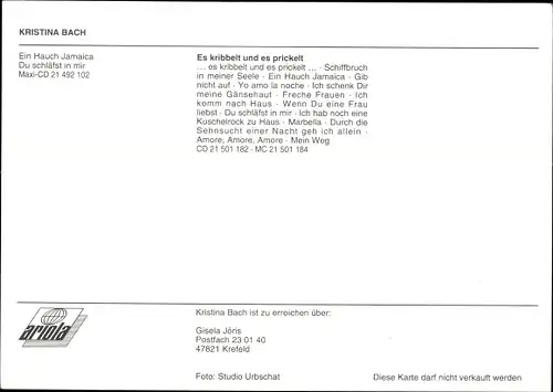 Ak Sängerin Kristina Bach, Ein Hauch Jamaica, Du schläfst in mir, Autogramm