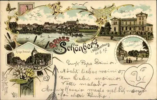 Litho Schönberg in Mecklenburg, Bahnhof, Amtsplatz, Kriegerdenkmal, Blick auf den Ort