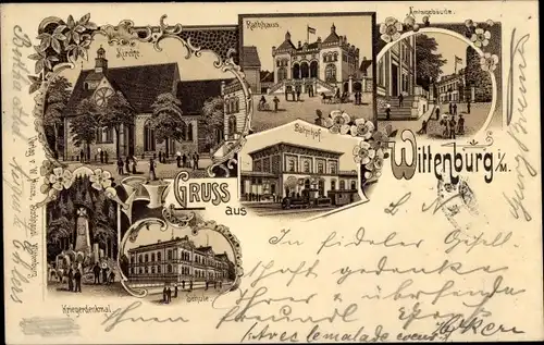 Litho Wittenburg in Mecklenburg, Kirche, Rathaus, Bahnhof, Amtsgebäude, Schule, Kriegerdenkmal