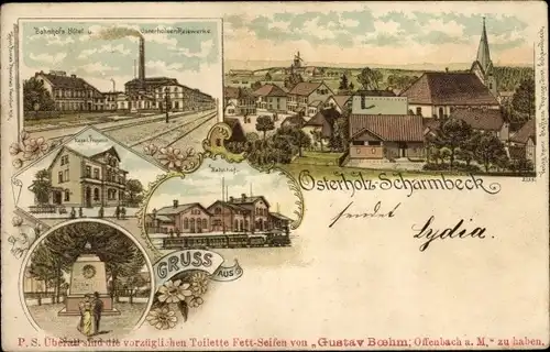 Litho Osterholz Scharmbeck in Niedersachsen, Bahnhofshotel, Bahnhof, Kriegerdenkmal, Postamt