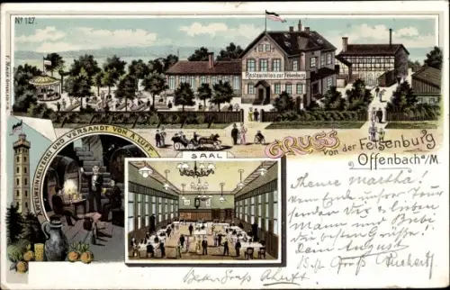 Litho Offenbach am Main Hessen, Restauration zur Felsenburg, Äpfelweinkelterei