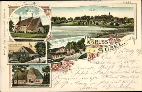 Litho Süsel in Ostholstein, Kirche, Gasthof am See, Blick auf den Ort