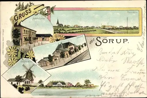 Litho Sörup in Angeln, Bahnhofshotel, Bahnhof, Schauby Mühle, Gammelbygaard