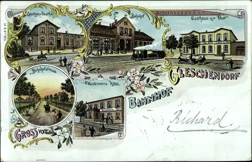 Litho Gleschendorf Scharbeutz in Ostholstein, Gasthaus zur Post, Bahnhof, Bahnhofstraße, Hotel