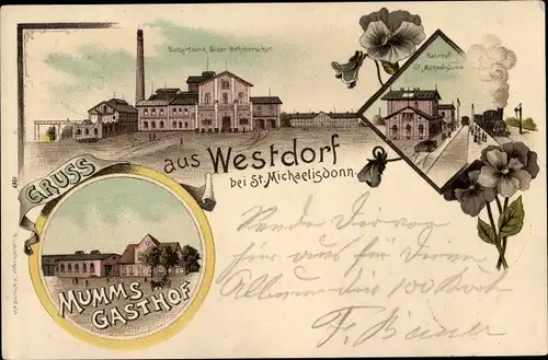 Litho Westdorf Sankt Michaelisdonn in Dithmarschen, Mumms Gasthof, Zuckerfabrik, Bahnhof