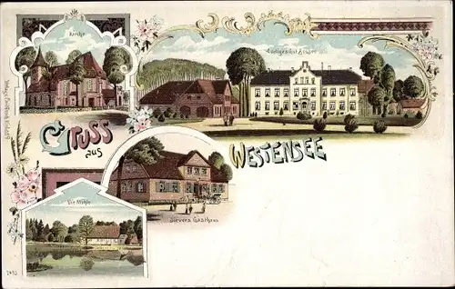 Litho Westensee in Schleswig Holstein, Kirche, Adeliges Gut, Sievers Gasthaus, Mühle