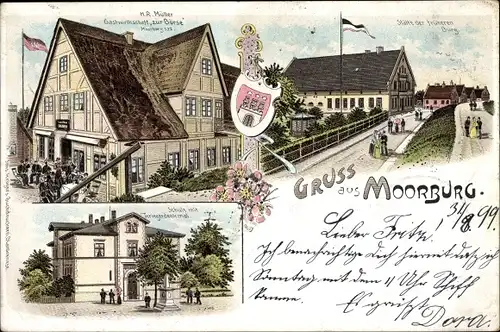 Litho Hamburg Harburg Moorburg, Gastwirtschaft zur Börse, Schule, Kriegerdenkmal