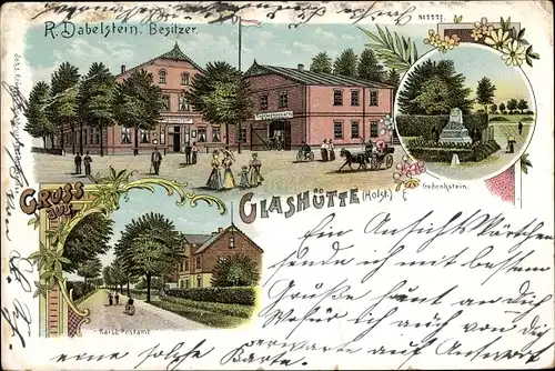 Litho Glashütte Norderstedt in Holstein, Gastwirtschaft R. Dabelstein, Gedenkstein, Postamt