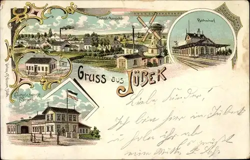 Litho Jübek in Schleswig Holstein, Gesamtansicht, Bahnhof, Gasthof zum Bahnhof