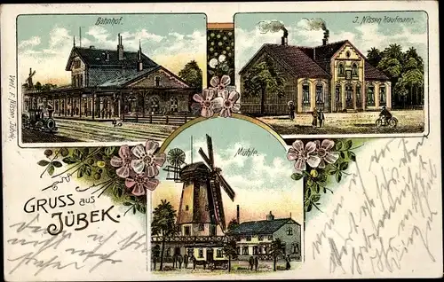 Litho Jübek in Schleswig Holstein, Bahnhof, Windmühle, Kaufmann J. Nissen