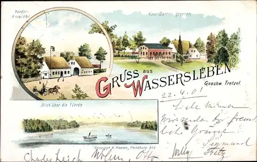 Litho Wassersleben Harrislee in Schleswig Holstein, Gastwirtschaft Geschw. Tretzel, Föhrde