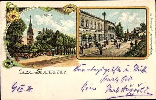 Litho Süderbrarup in Schleswig Holstein, Kirche, Handlung C. Franzen