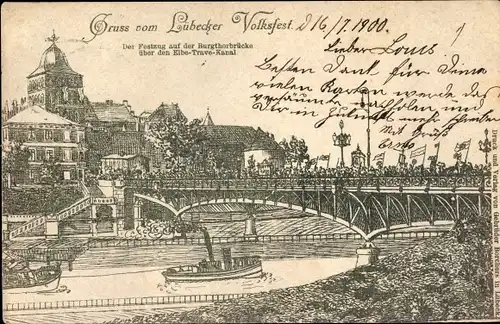 Litho Hansestadt Lübeck, Lübecker Volksfest, Festzug auf der Burgtorbrücke, Elbe Trave Kanal
