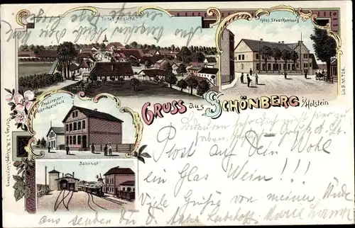 Litho Ostseebad Schönberg in Holstein, Hotel Stadt Hamburt, Probsteier Ackerbauschule, Bahnhof