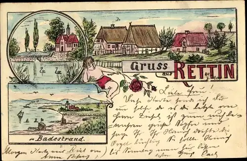 Litho Rettin Neustadt in Holstein, Ortsansicht, Kirche, Badestrand