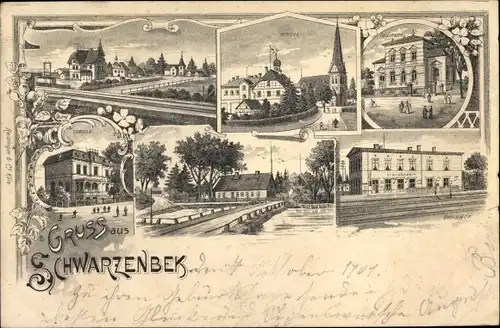 Litho Schwarzenbek in Lauenburg, Kirche, Bahnhof, Schule, Teilansichten