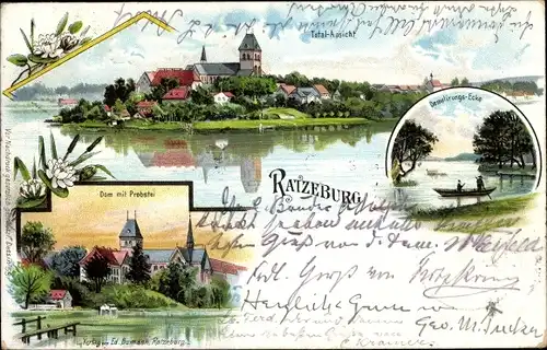 Litho Ratzeburg in Lauenburg, Demolierungsecke, Dom mit Probstei, Totale