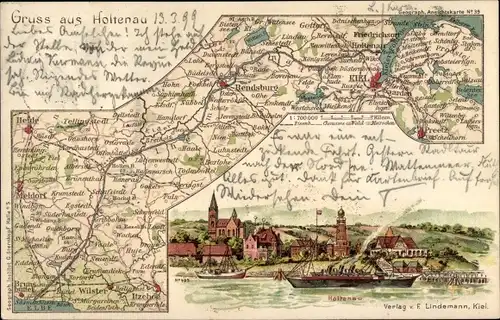 Landkarten Litho Holtenau Kiel in Schleswig Holstein, Stadtansicht, Dampfer