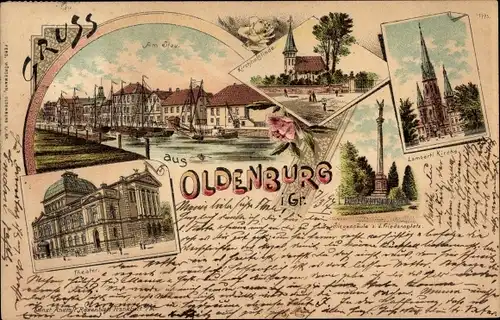 Litho Oldenburg in Oldenburg, Stau, Theater, Linde, Lambertikirche, Siegessäule Friedensplatz