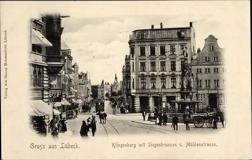 Ak Hansestadt Lübeck, Klingenberg mit Siegesbrunnen und Mühlenstraße