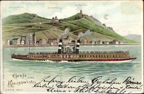 Litho Königswinter am Rhein, Salondampfer, Drachenburg, Drachenfels, Mondschein