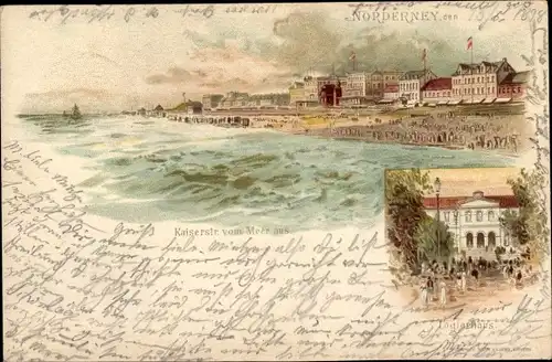 Litho Nordseebad Norderney Ostfriesland, Kaiserstraße vom Meer aus