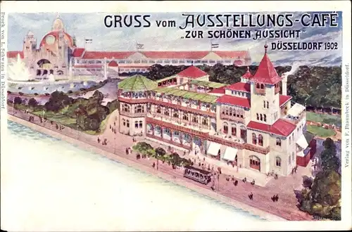 Künstler Ak Schreiber, Düsseldorf am Rhein, Ausstellungscafe Zur schönen Aussicht, Ausstellung 1902