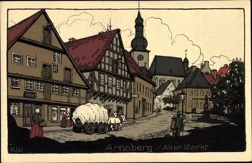 Steindruck Ak Arnsberg im Sauerland, Alter Markt, Kirche, Planwagen
