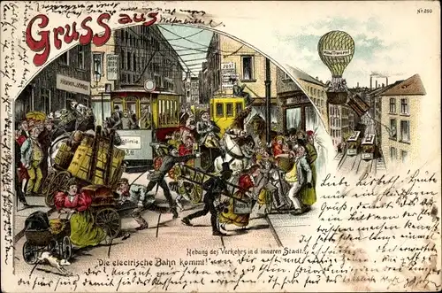 Litho Wolfenbüttel in Niedersachsen, Die elektrische Bahn kommt, Straßenbahn, Ballon