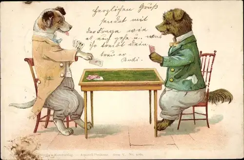 Ak Vermenschlichte Hunde spielen Karten