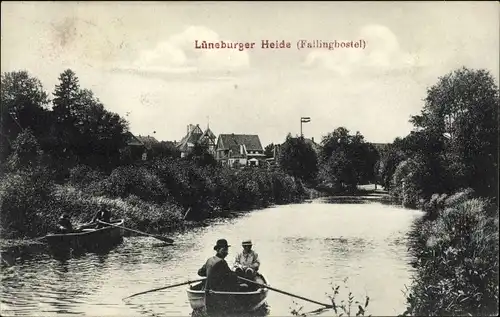 Ak Bad Fallingbostel Lüneburger Heide, Ruderer in Booten, Uferpartie, Häuser