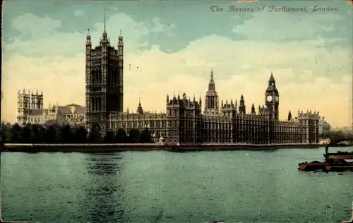 Ak London City England, Houses of Parliament, Ansicht vom Fluss